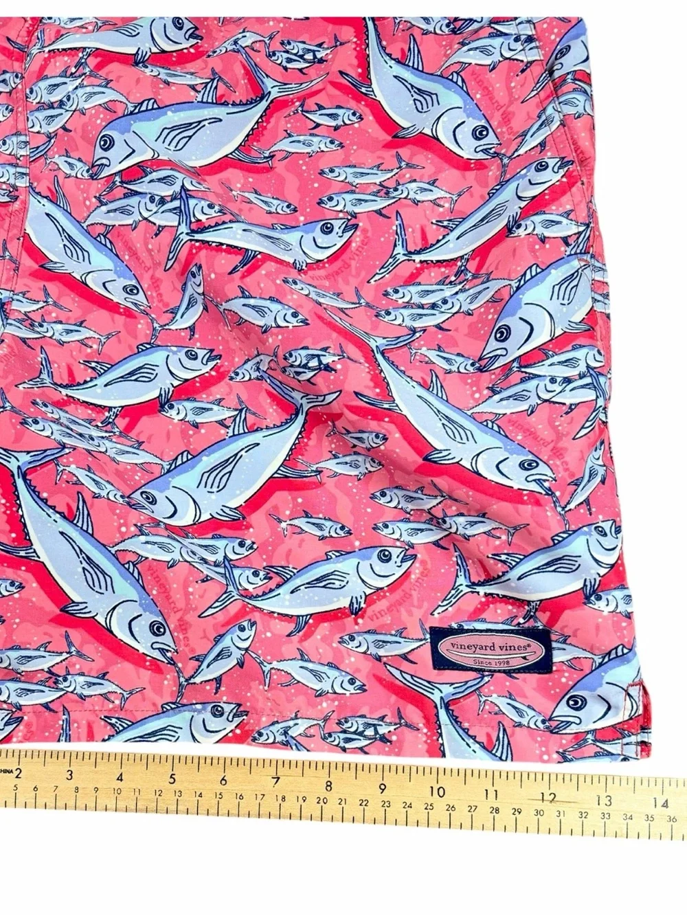 Vineyard Vines Chappy Swim Trunks XL Pink Tuna Fish Print 7” Mesh Lined
